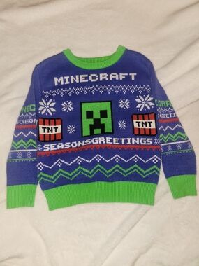 Minecraft Boys Christmas Sweater Creeper Pullover Blue Green Size 5 Long Sleeve